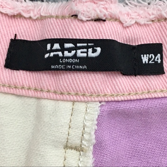 Jaded London Hot Pant Cut-Off Jean Shorts in Purple Pink Denim Patchwork - Picture 4 of 16
